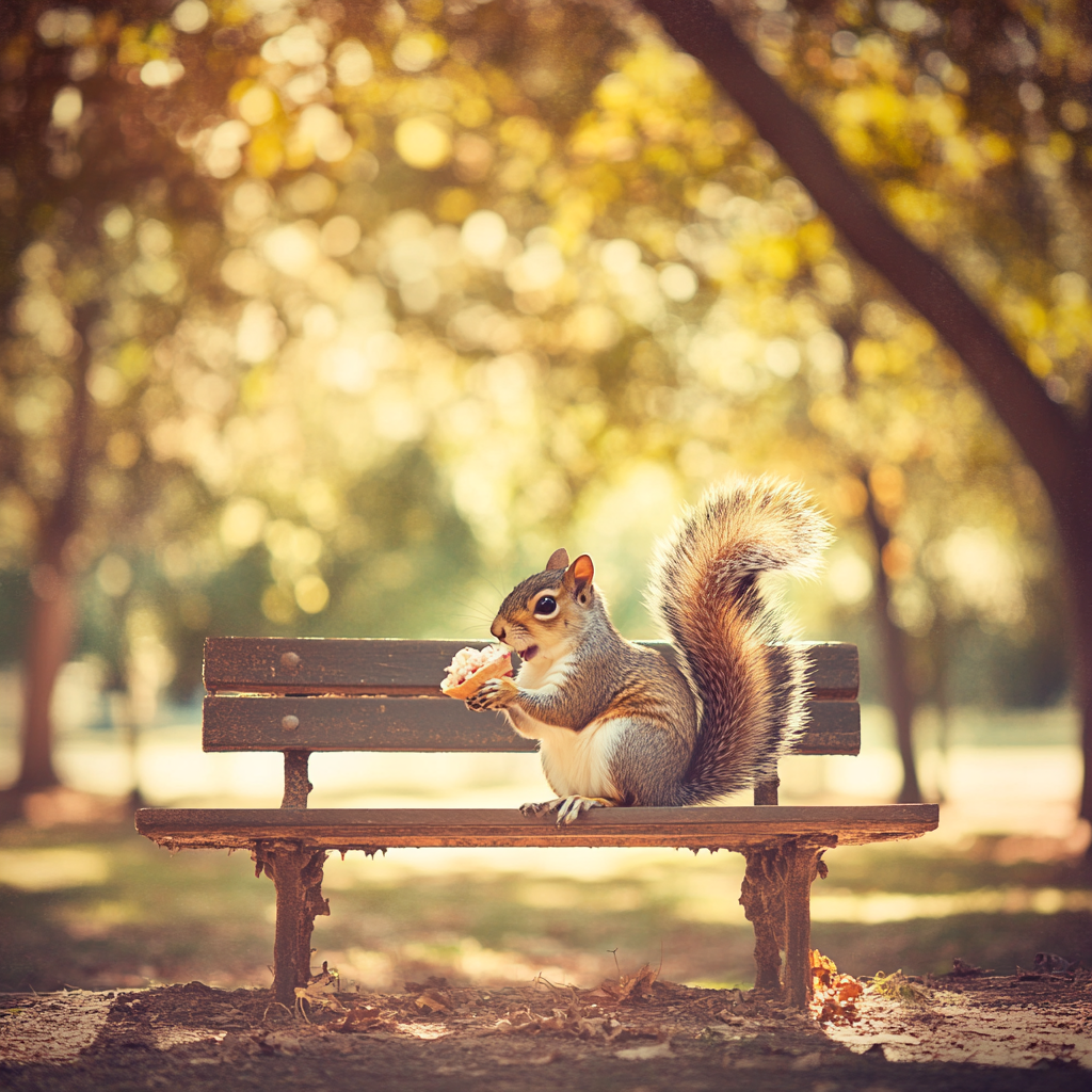 Whimsical Squirrel Eating Ice Cream in Park