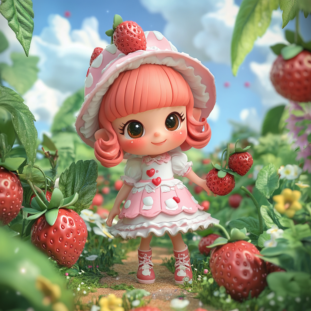 Whimsical Strawberry Shortcake character in colorful garden setting.