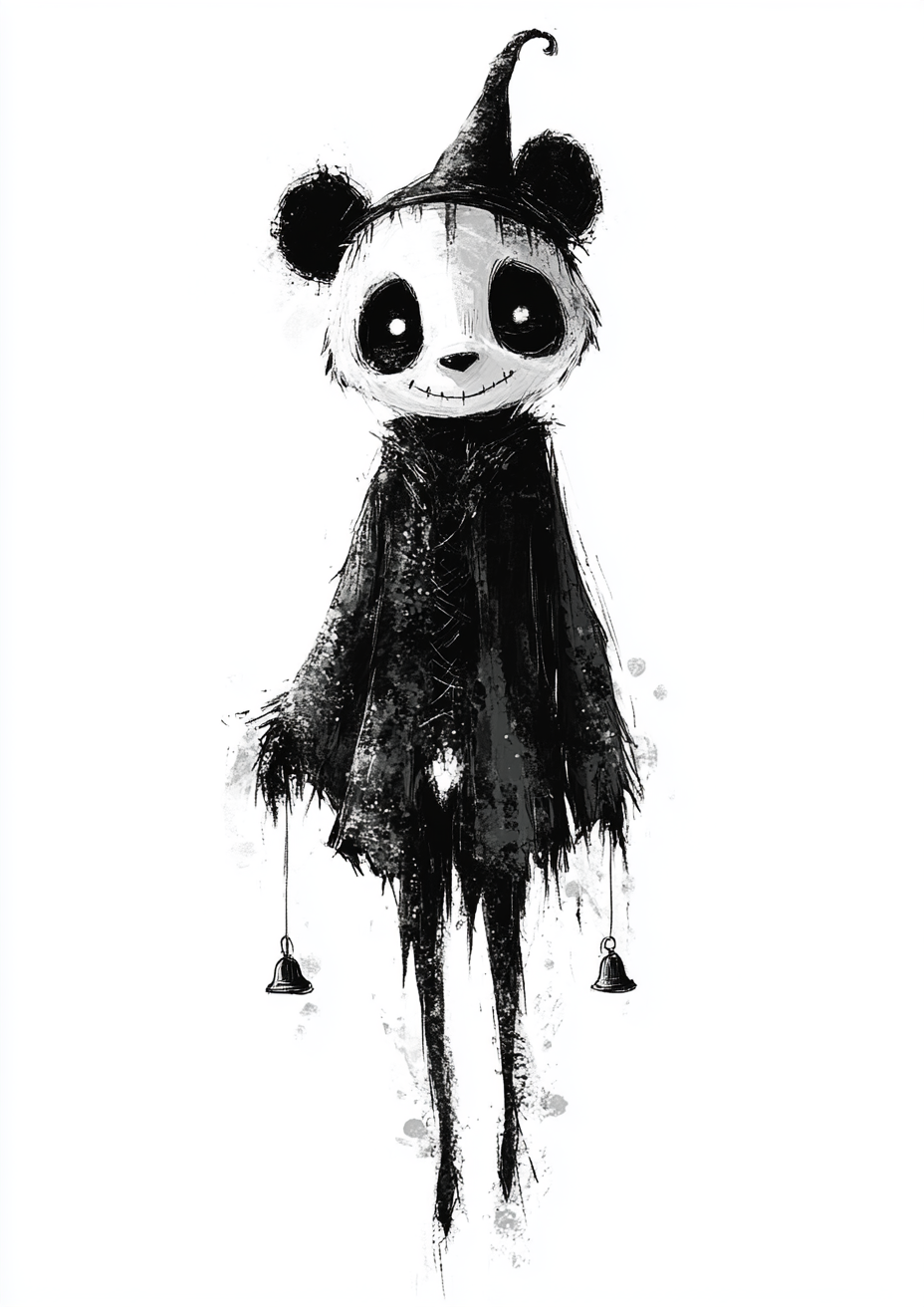 Whimsical Tim Burton-Inspired Monocular Panda Artwork