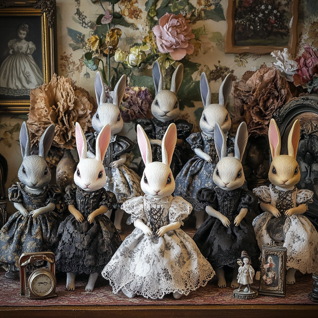 Whimsical Victorian Rabbit Figure Set with Enchanted Background