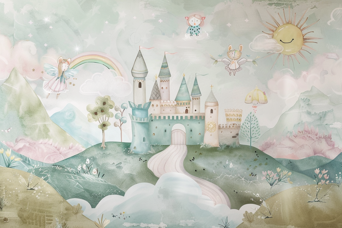 Whimsical Watercolor Mural: Magical Castle and Floating Islands