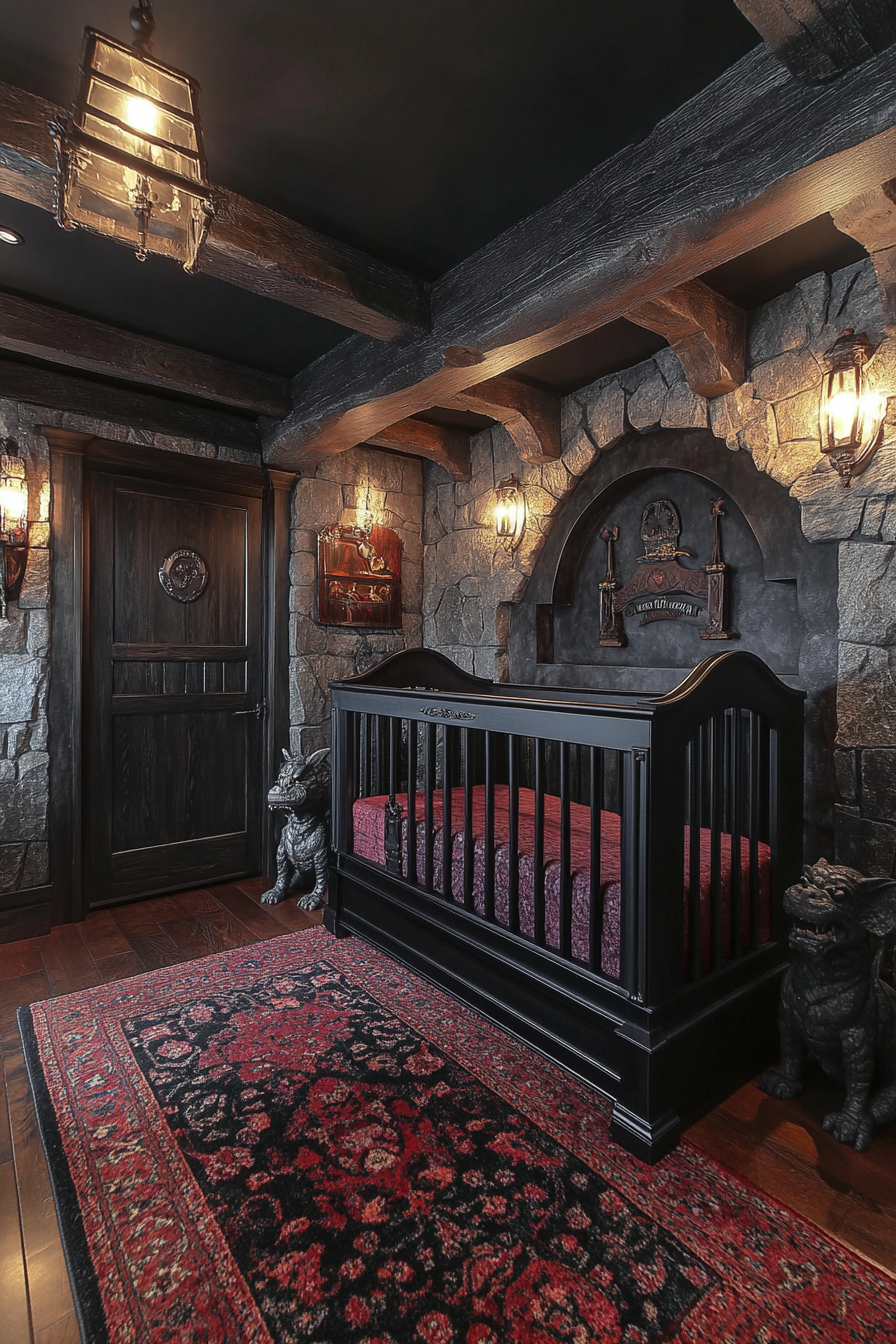 Whimsical Western Gothic nursery with playful gargoyle statues.