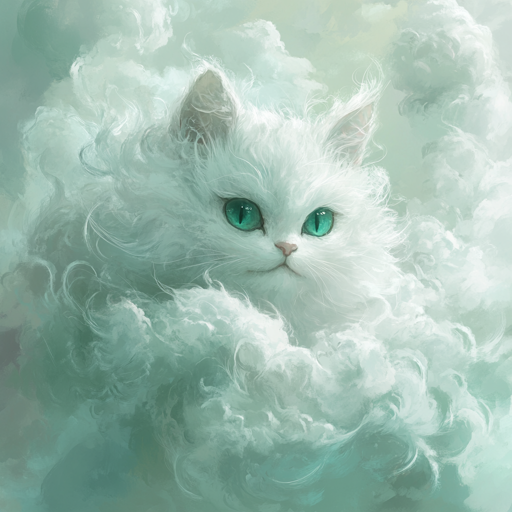 Whimsical White Cat in Dreamy Clouds 