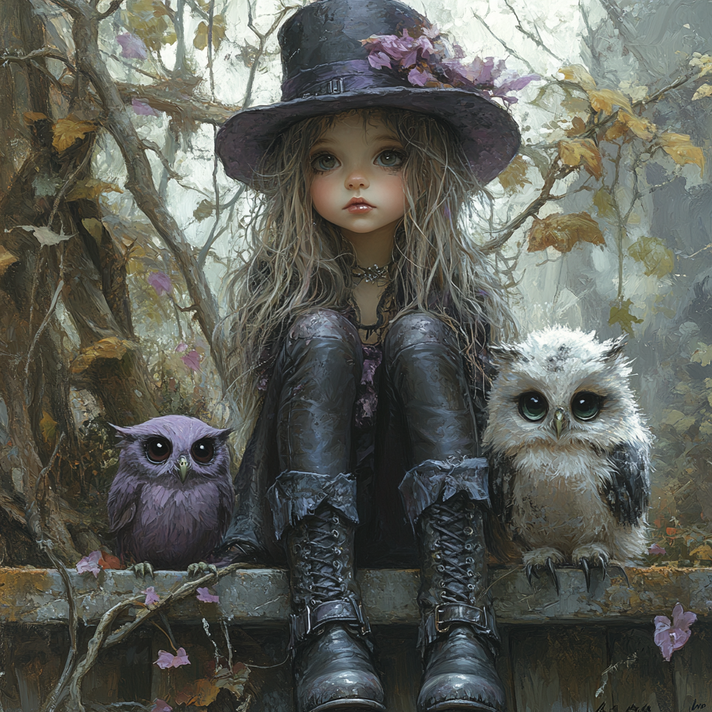 Whimsical art scene with cute girl and fluffy owl.