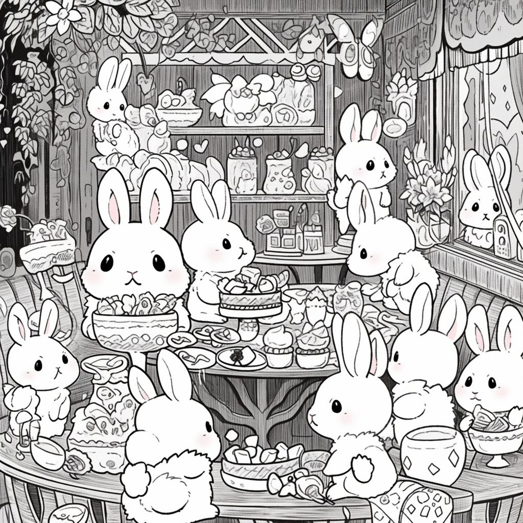 Whimsical bunnies work in detailed magic cafe setting.