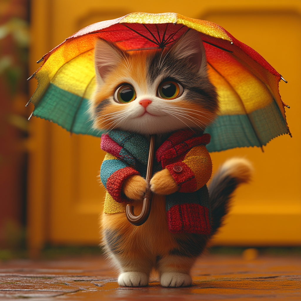 Whimsical calico cat with rainbow umbrella in 3D cartoon style