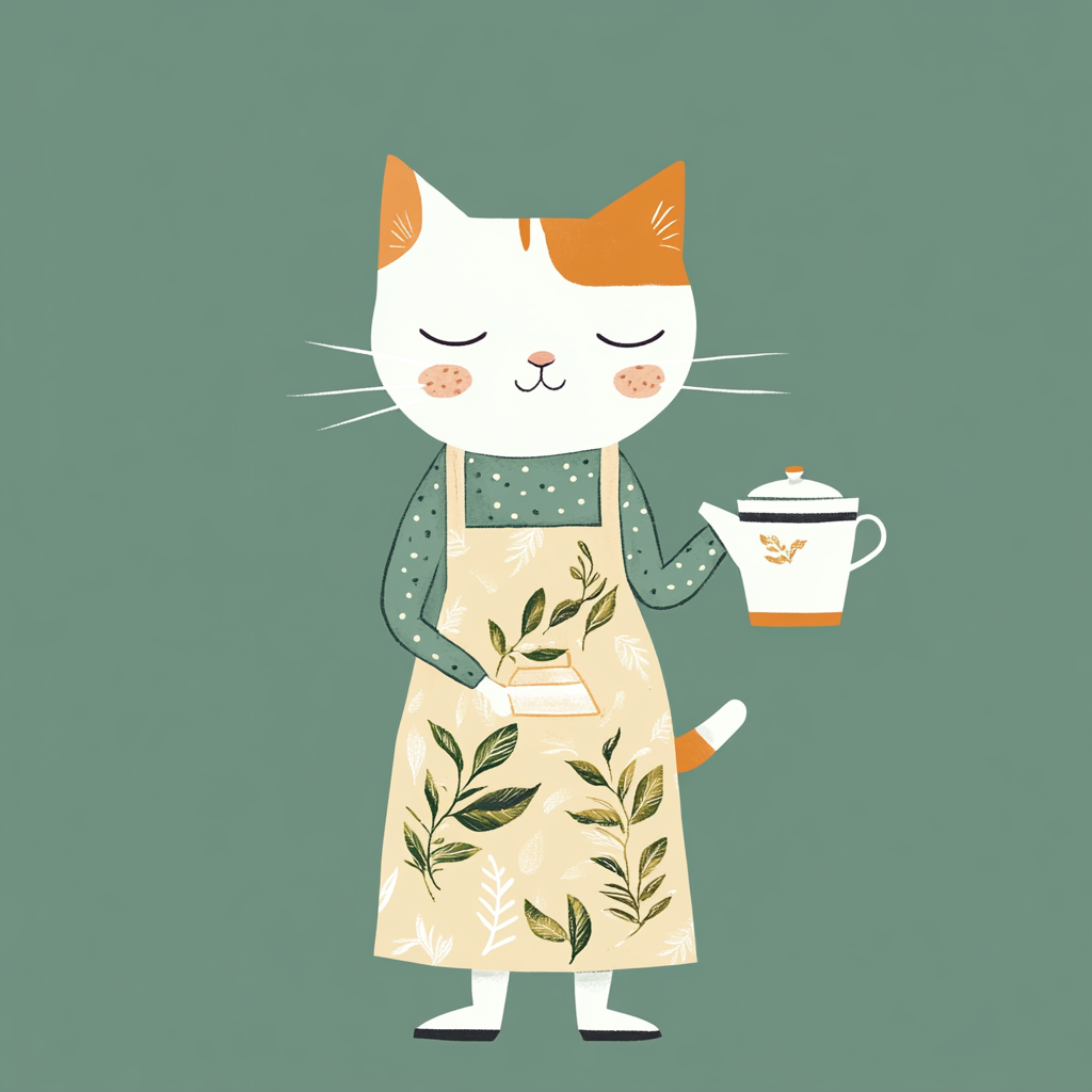 Whimsical cat barista with tea leaves face design