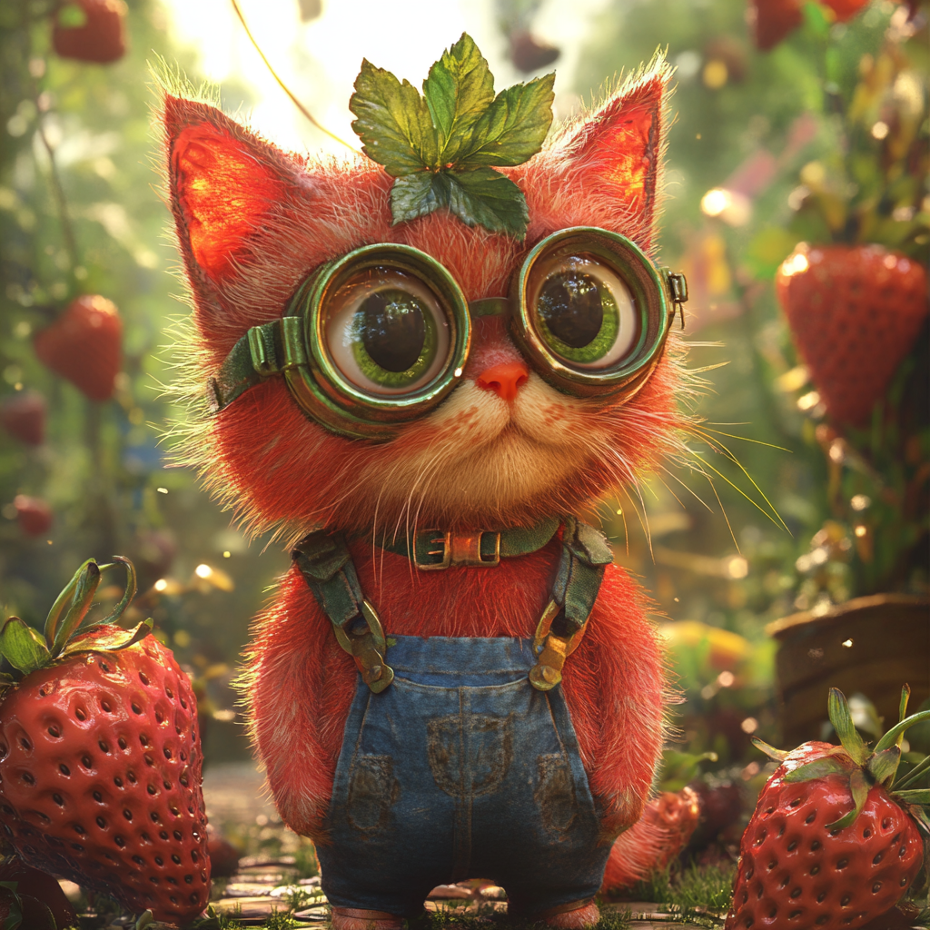 Whimsical cat blending with strawberry in magical garden.