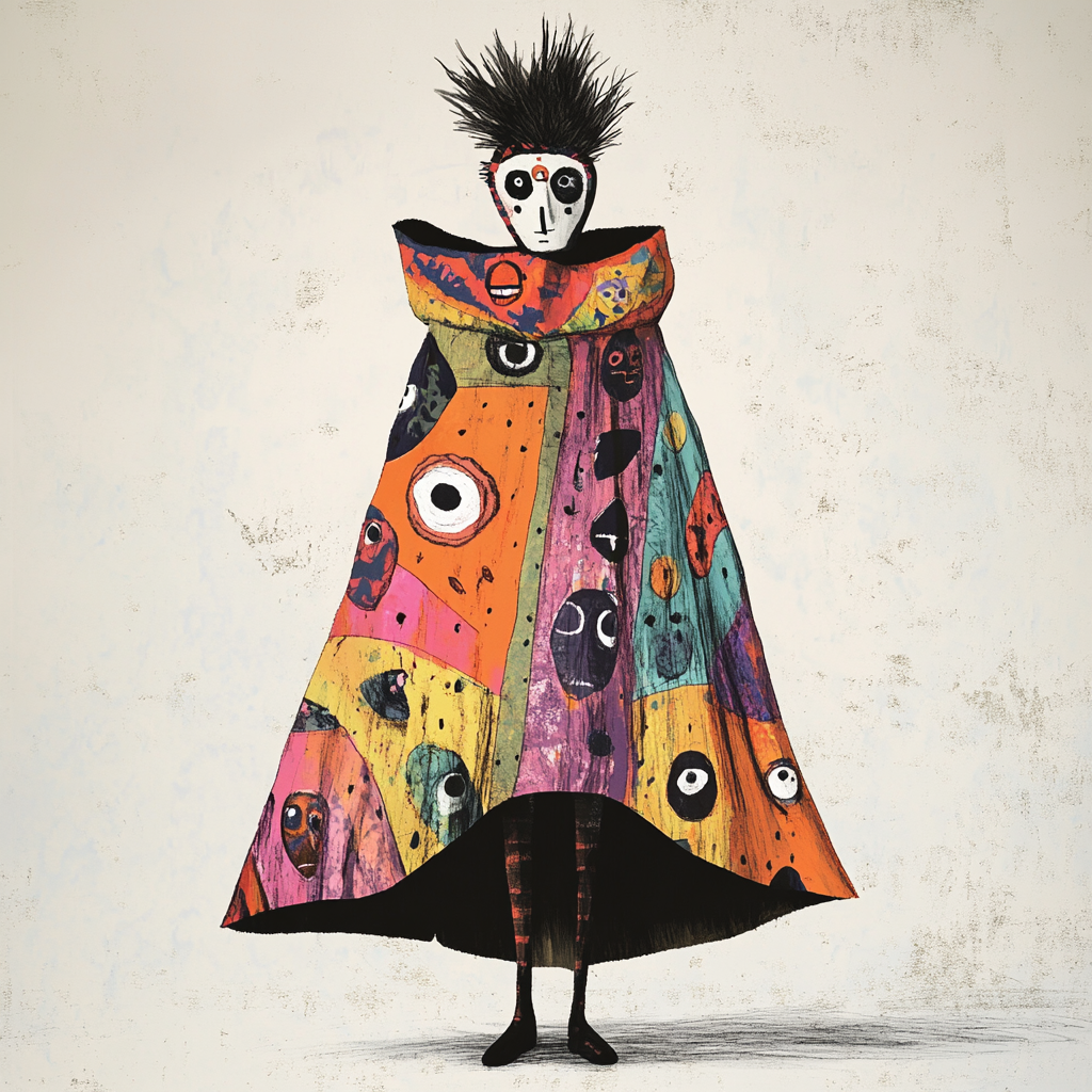 Whimsical character in eerie, patterned garment with surrealism.