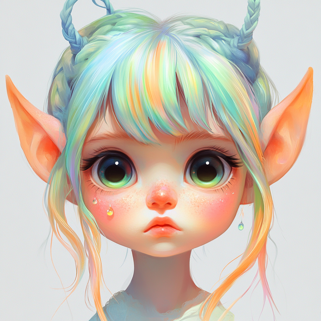 Whimsical character with oversized doll-like head and rainbow hair.