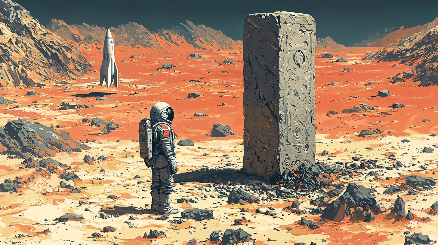 Whimsical cosmonaut explores ancient Martian pillar in solitude.