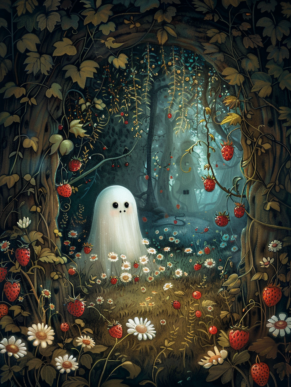 Whimsical cute ghost in strawberry field with enchanted forest