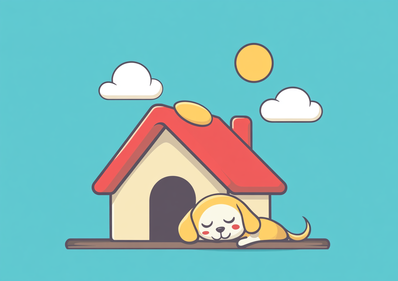 Whimsical dog hut, cute puppy, flat vector illustration.