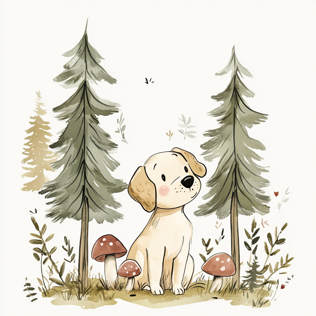 Whimsical dog in forest with mushrooms, pastel watercolor.