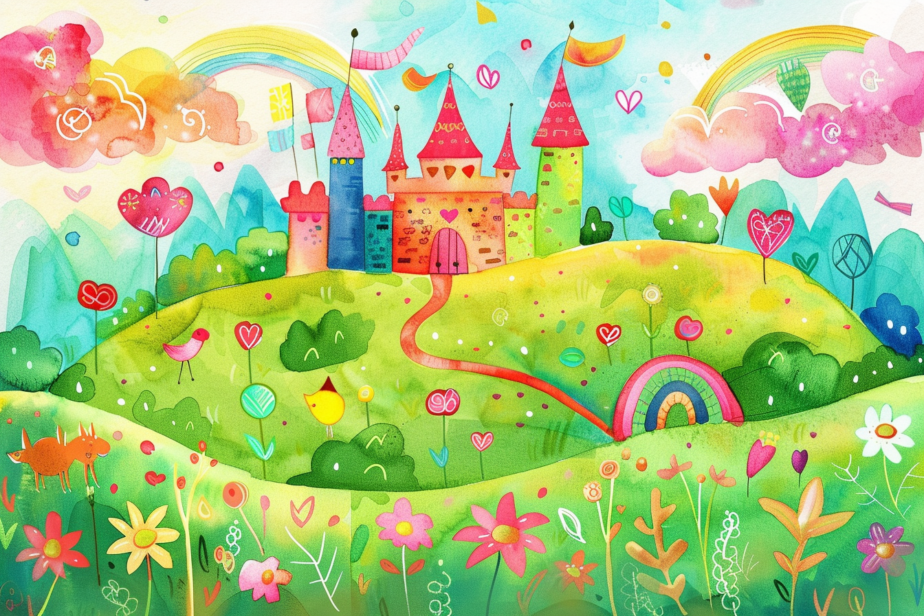 Whimsical fairytale castle in vibrant watercolor illustration