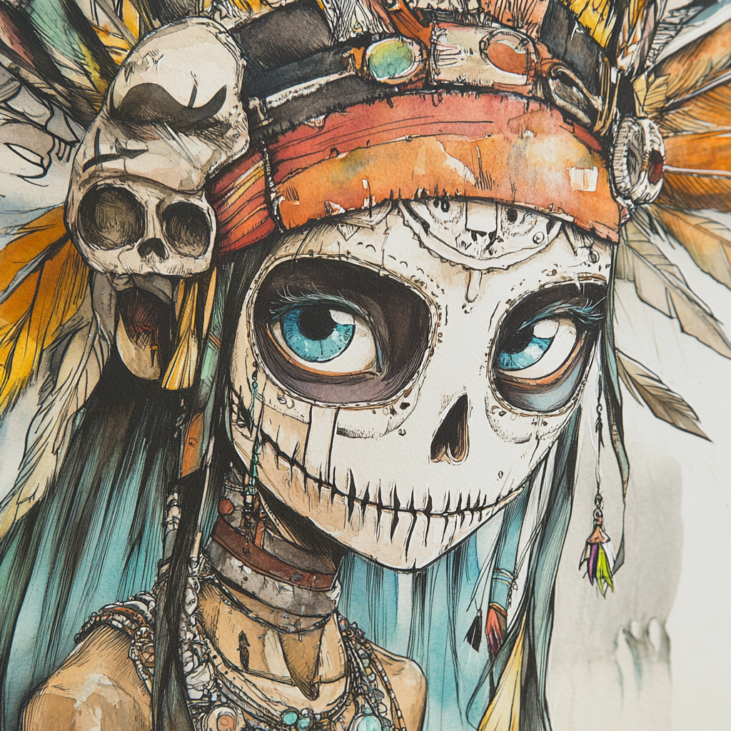 Whimsical female shaman in skull mask