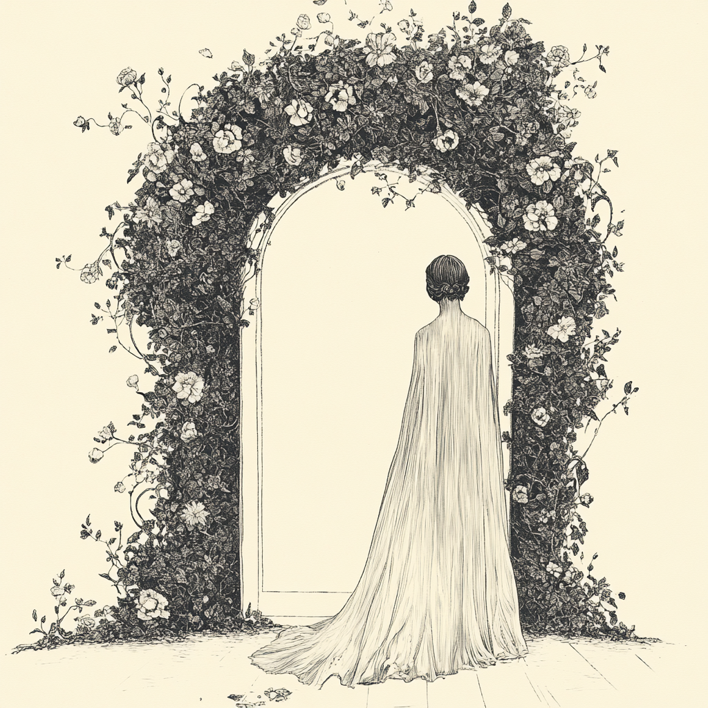 Whimsical figure in white gown under floral arch