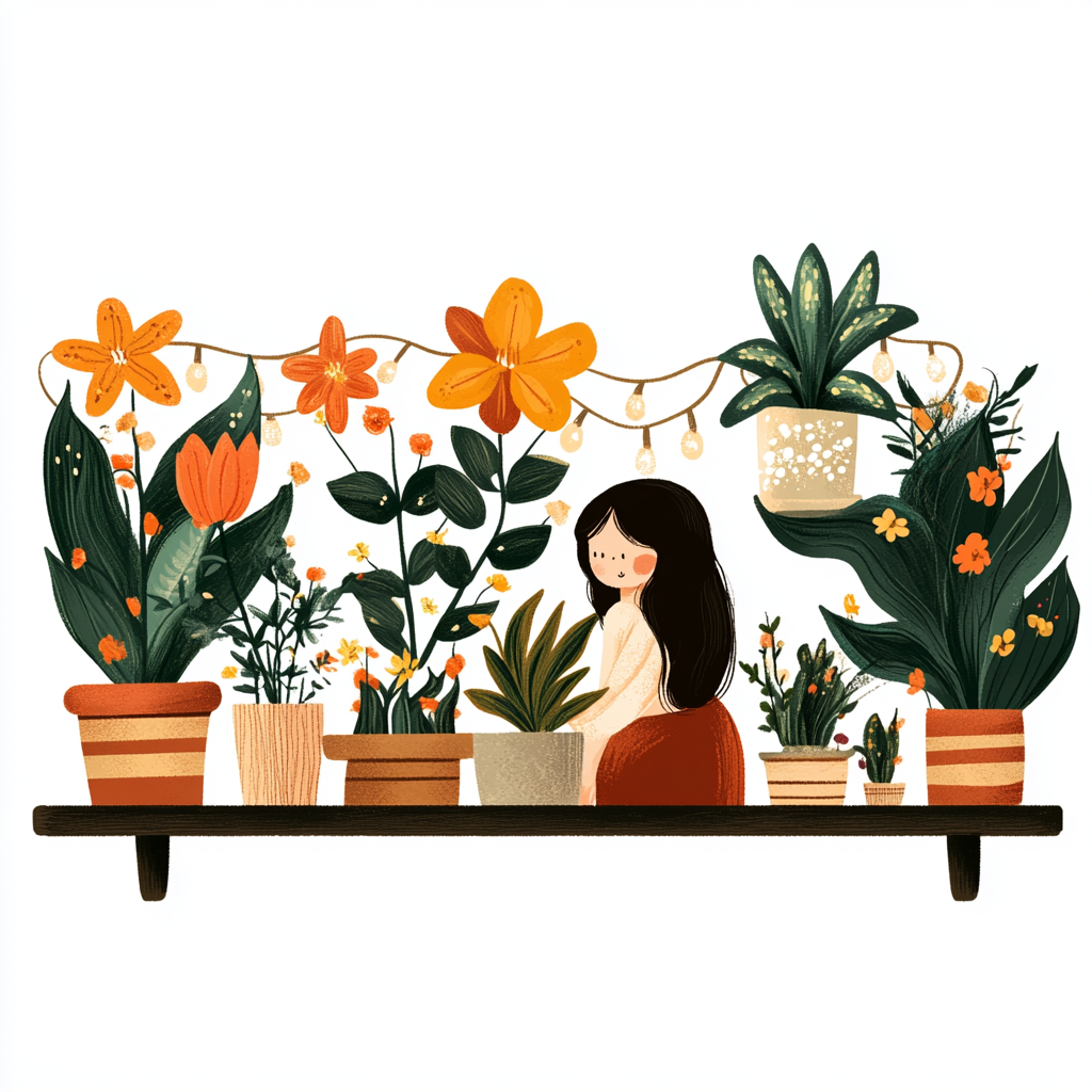 Whimsical flowers and plants on shelf, cozy background.