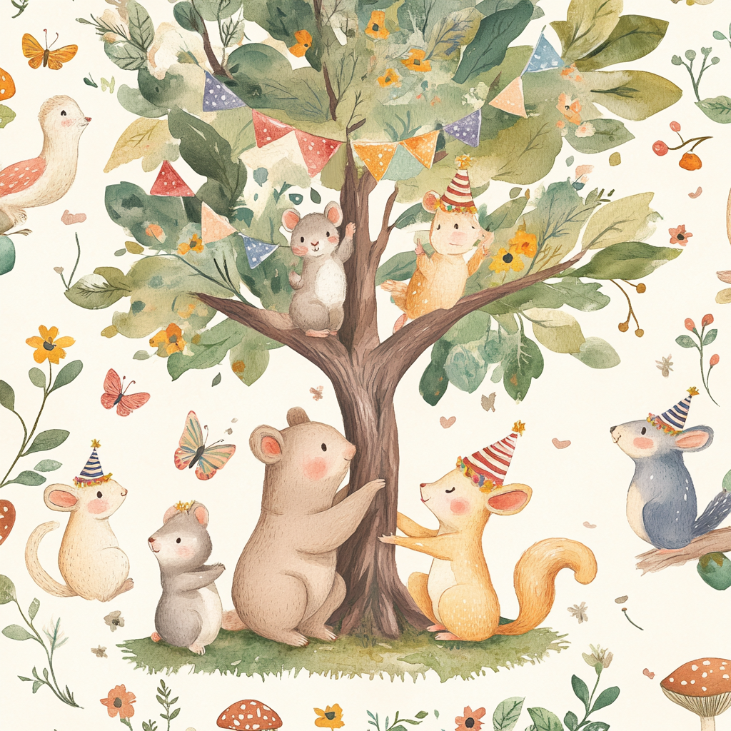 Whimsical forest scene with cute animals in party hats.