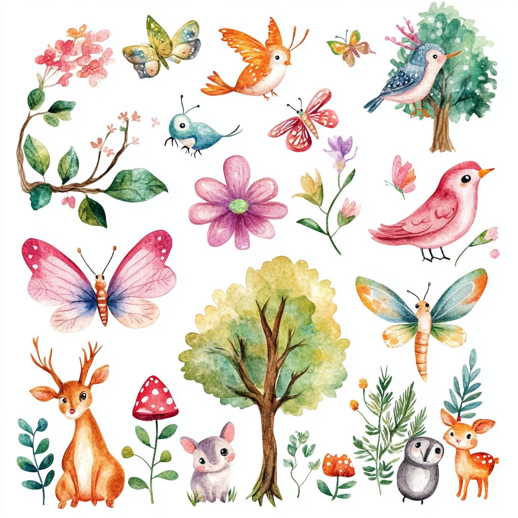 Whimsical forest with animals, fairies, dragonflies, trees, flowers.