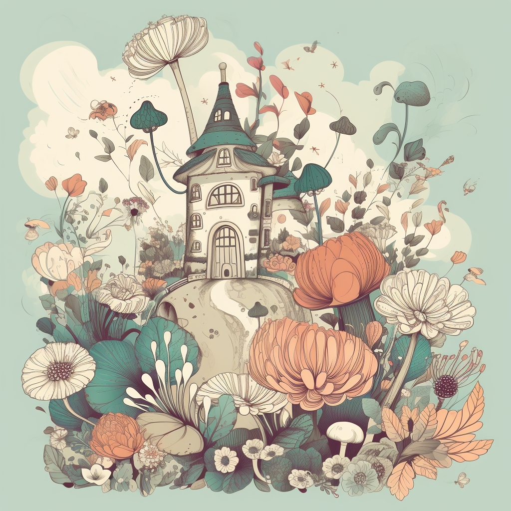 Whimsical garden with oversized flowers and fantastical creatures.