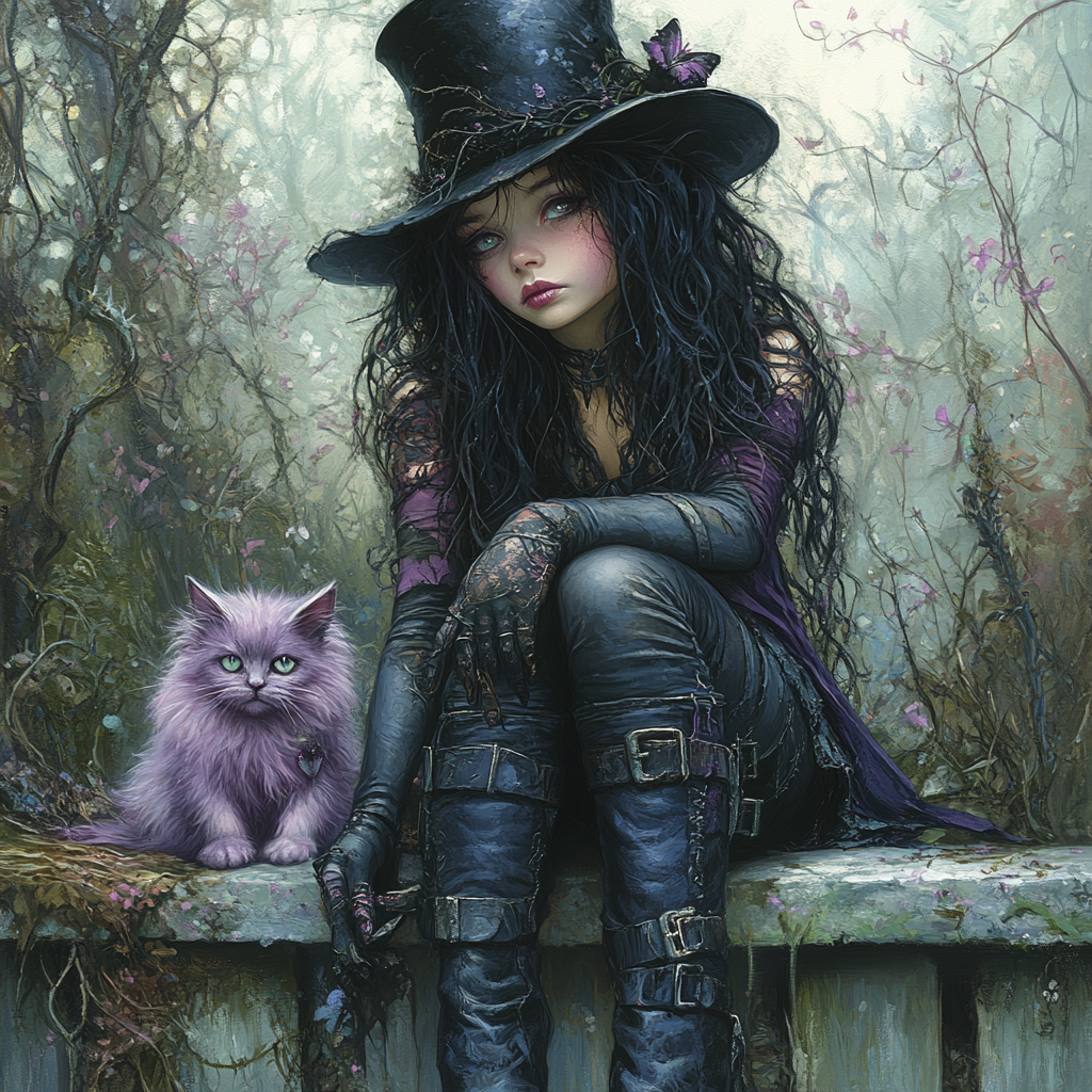 Whimsical girl with cat in gothic-style enchanted forest.