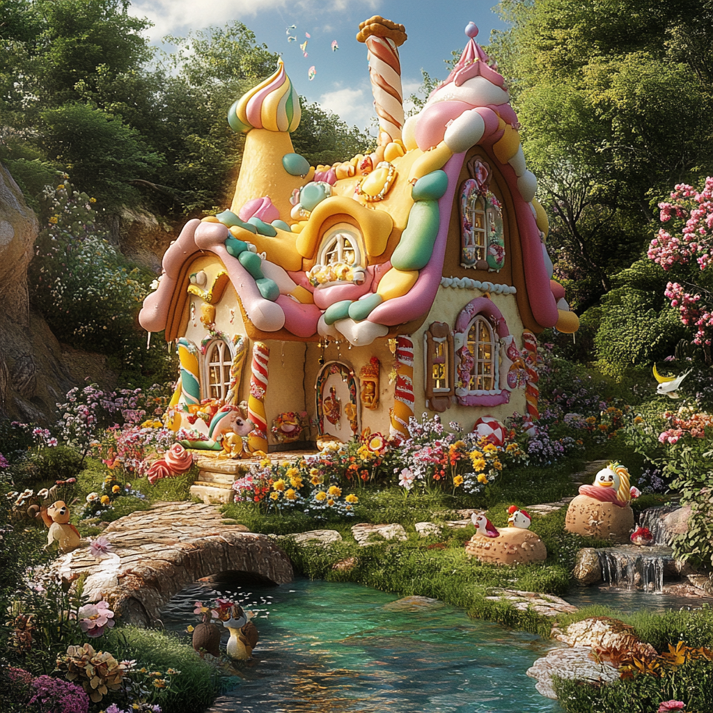 Whimsical pastry house in lush natural setting, magical atmosphere.