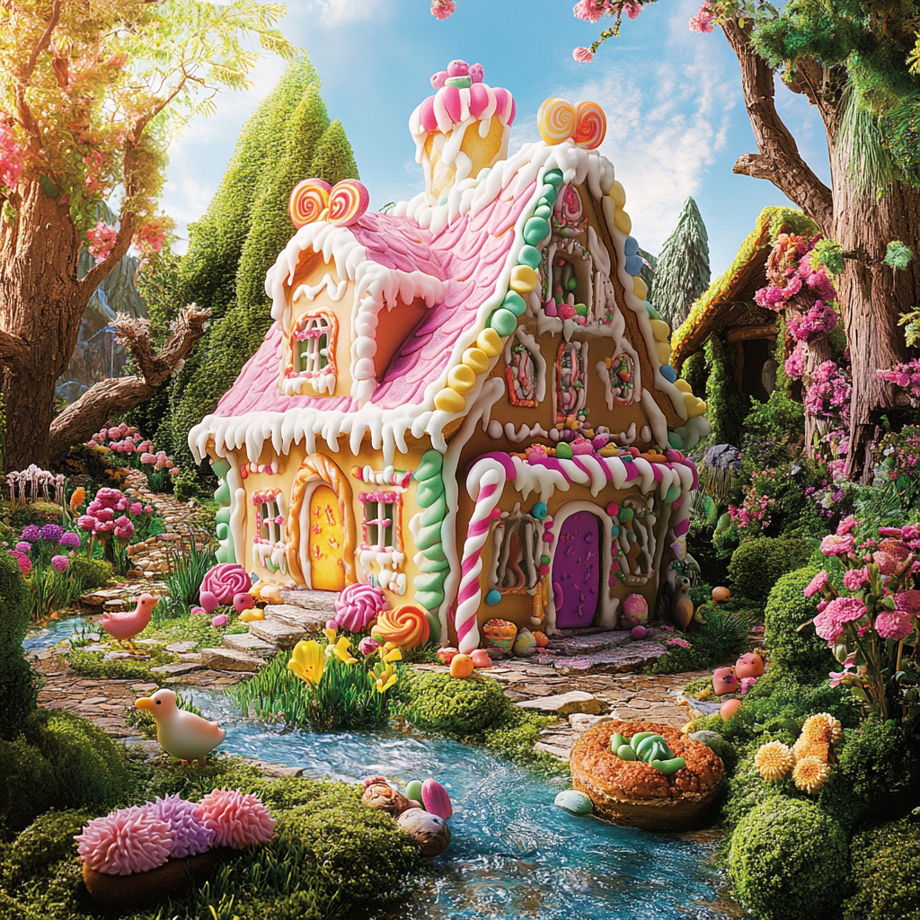 Whimsical pastry house in natural setting, looks like cake.