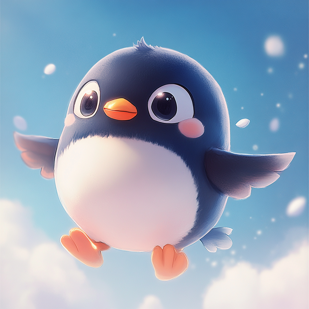 Whimsical penguin dances under fluffy, pastel skies