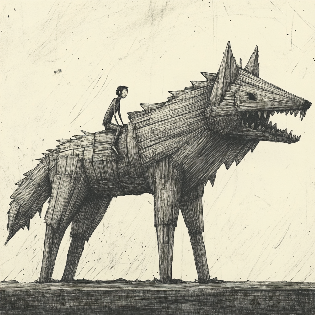 Whimsical person rides wooden wolf in surreal setting.