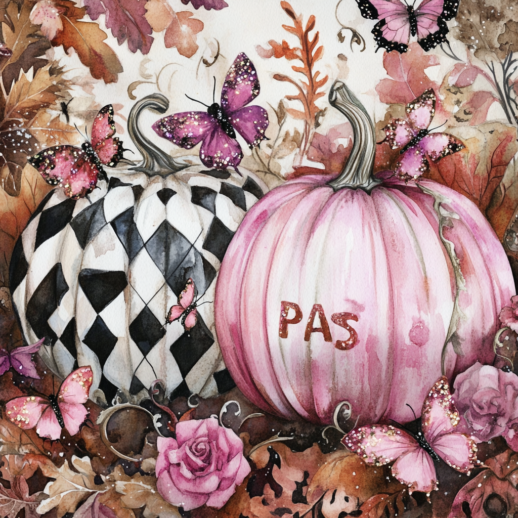 Whimsical pink fall watercolor of sparkly Paris pumpkins.