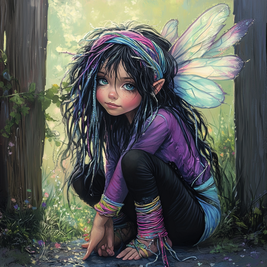 Whimsical pixy fairy in boho clothing by wooden fence.