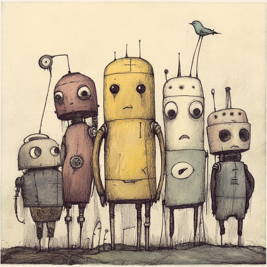 Whimsical robot characters in vintage mechanical fantasy world