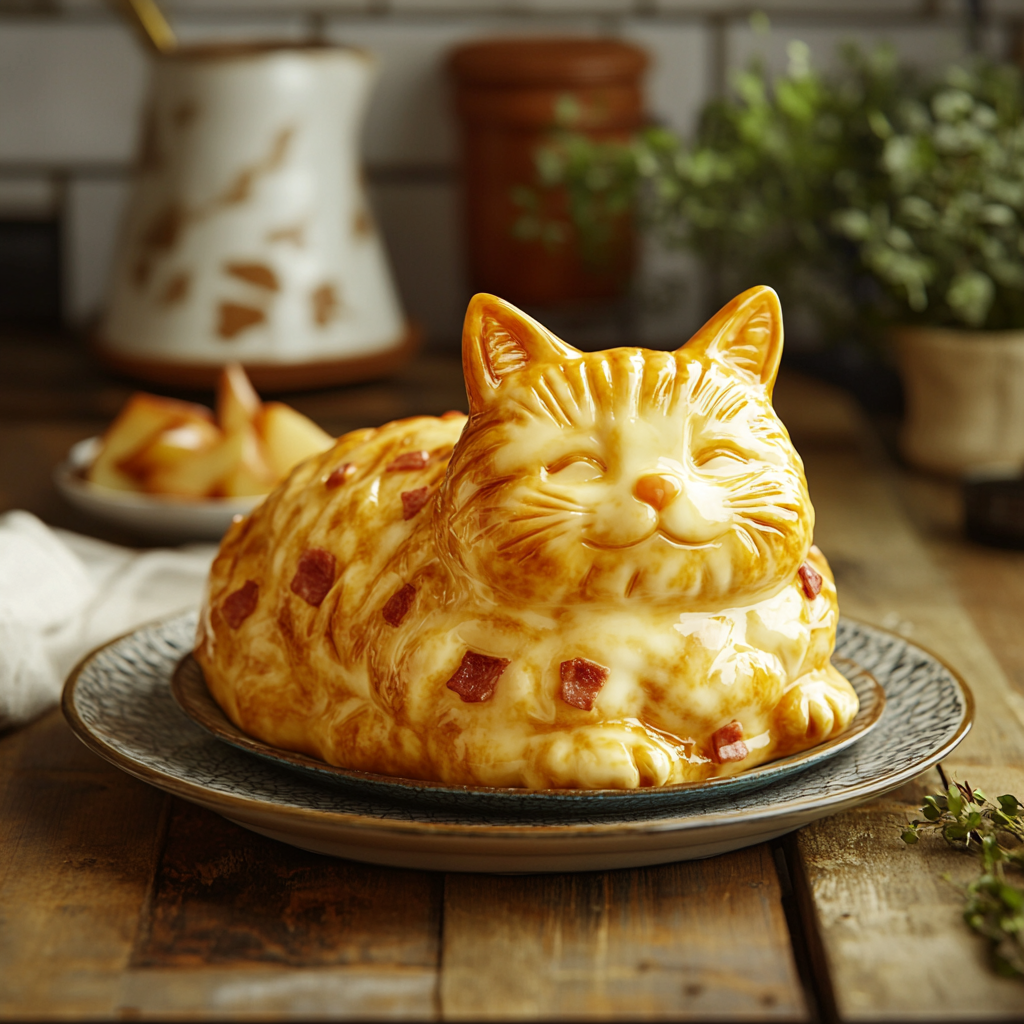 Whimsical scene with cat resembling tartiflette ingredients.