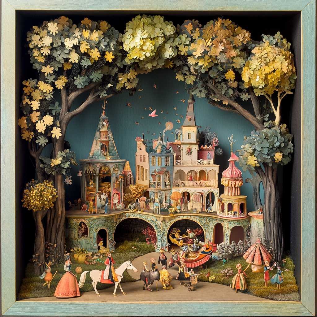 Whimsical shadow box diorama with cut-out illustrations