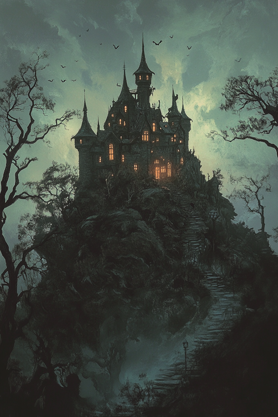 Whimsical spooky castle on hill in dark forest.