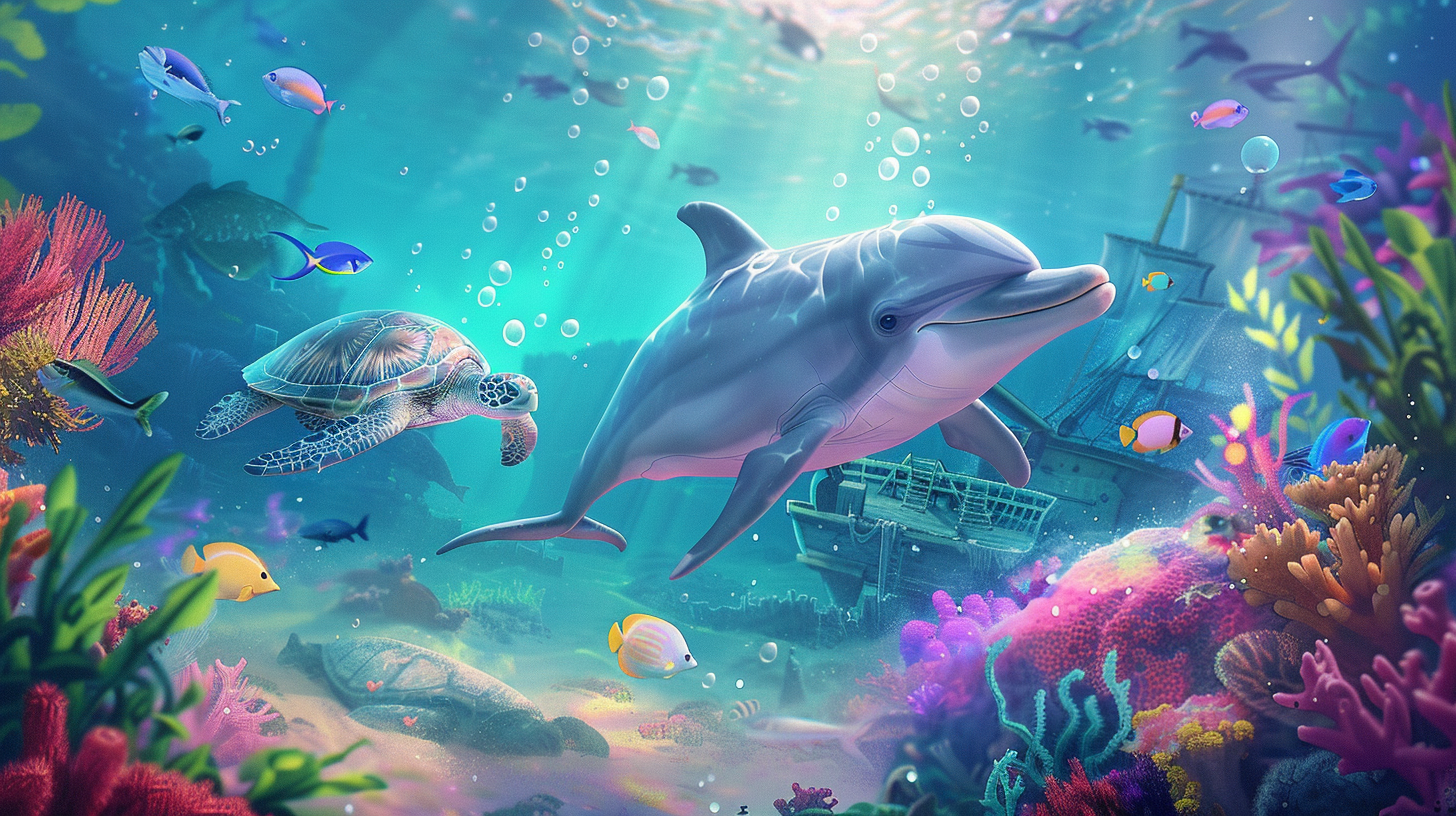 Whimsical underwater scene with dolphin, turtle and fish.