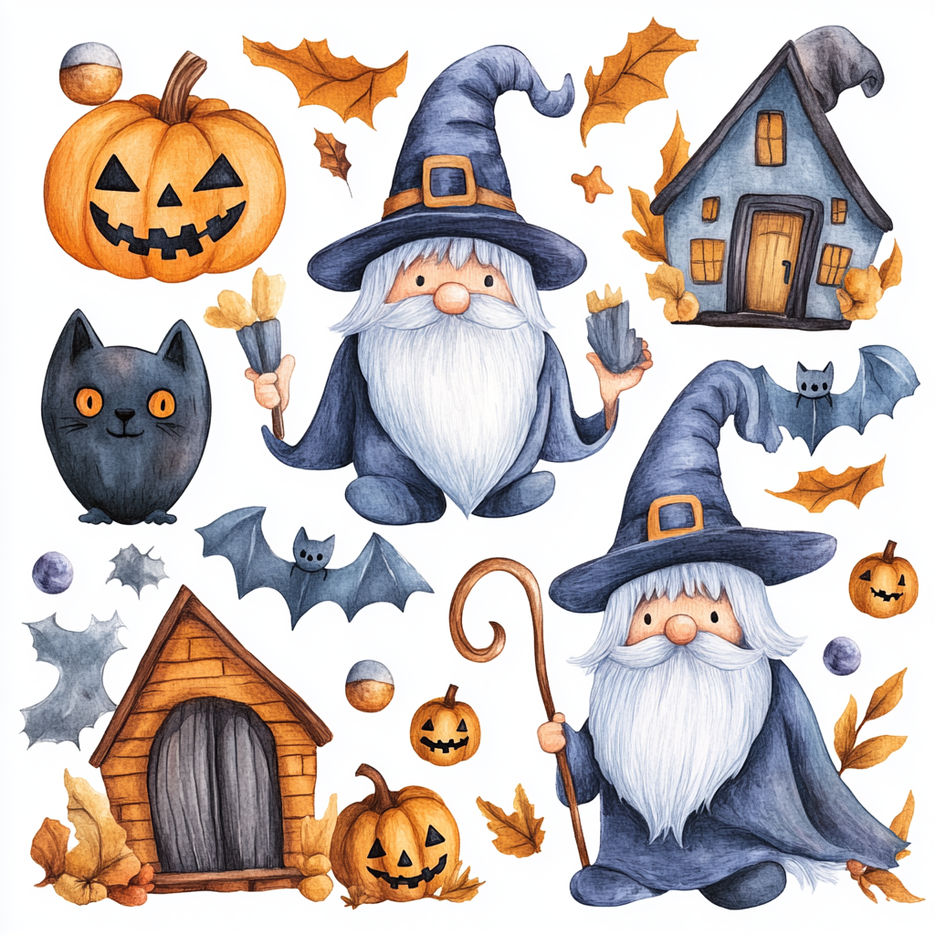 Whimsical watercolor Witchy Gnome clipart with cute elements.