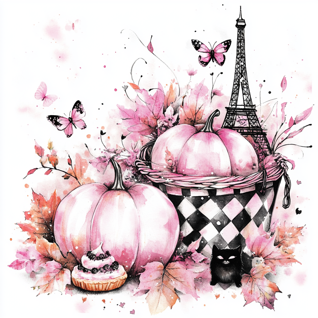 Whimsical watercolor illustration of pink fall harvest baskets.