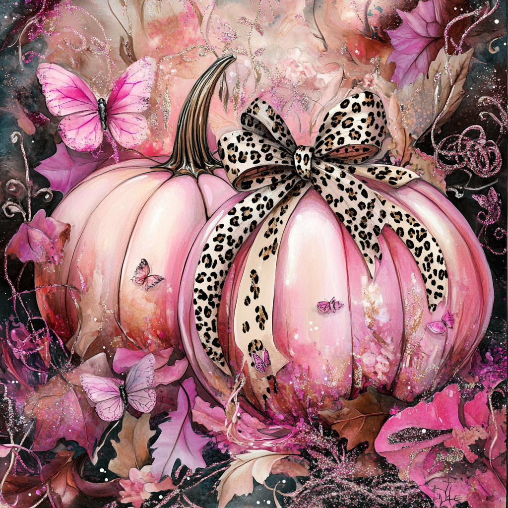 Whimsical watercolor of pink fall with sparkly pumpkins.