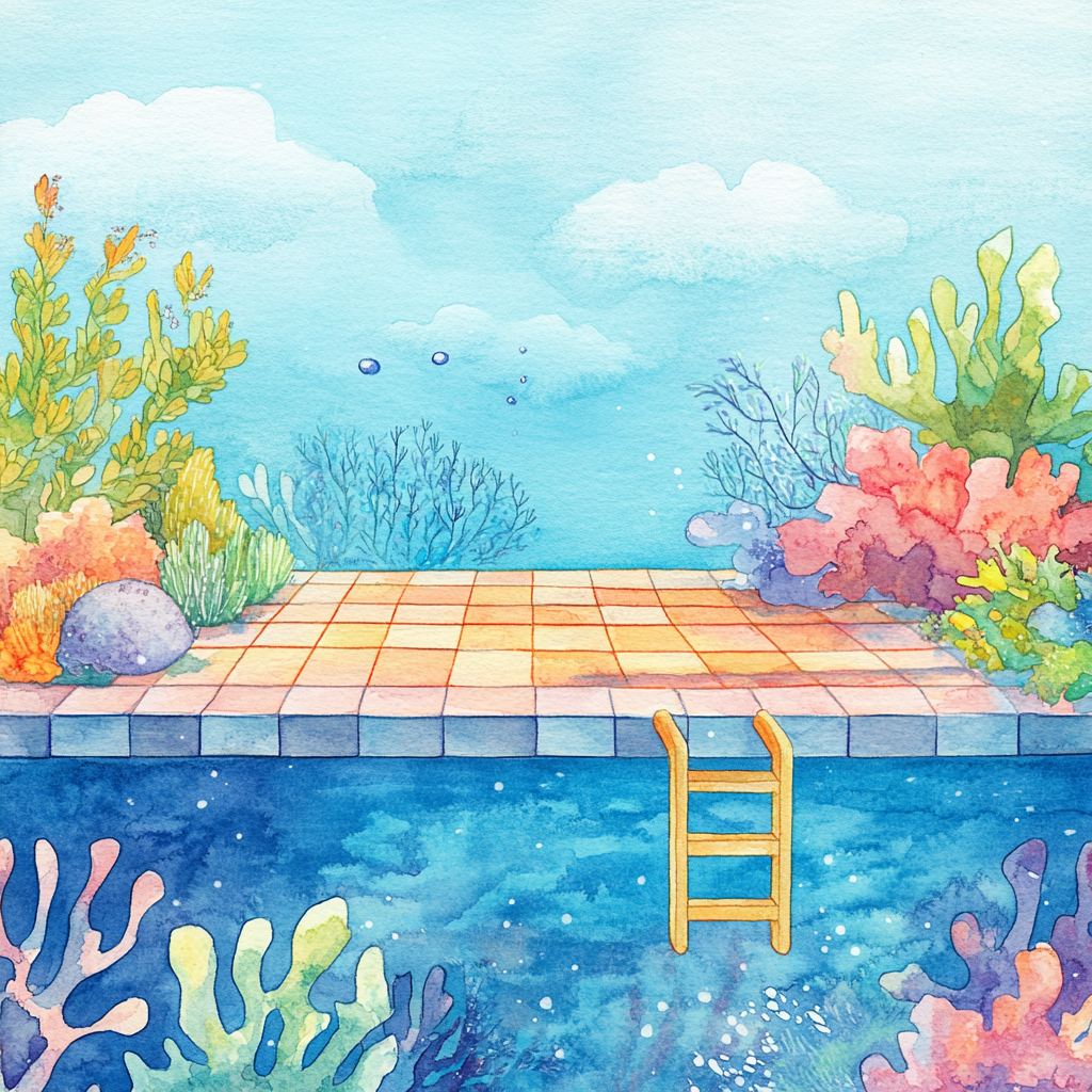 Whimsical watercolor sea floor at pool background illustration