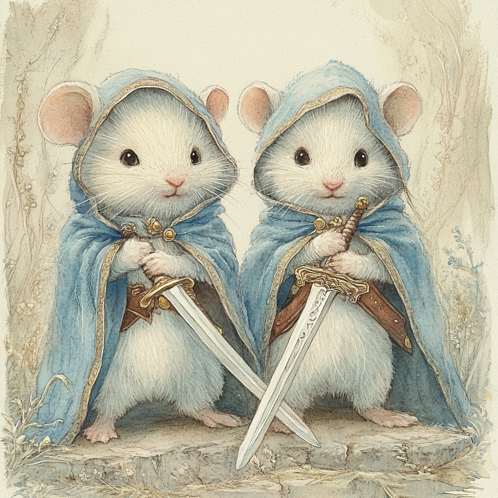 Whimsical white mice in capes with swords, fur details.