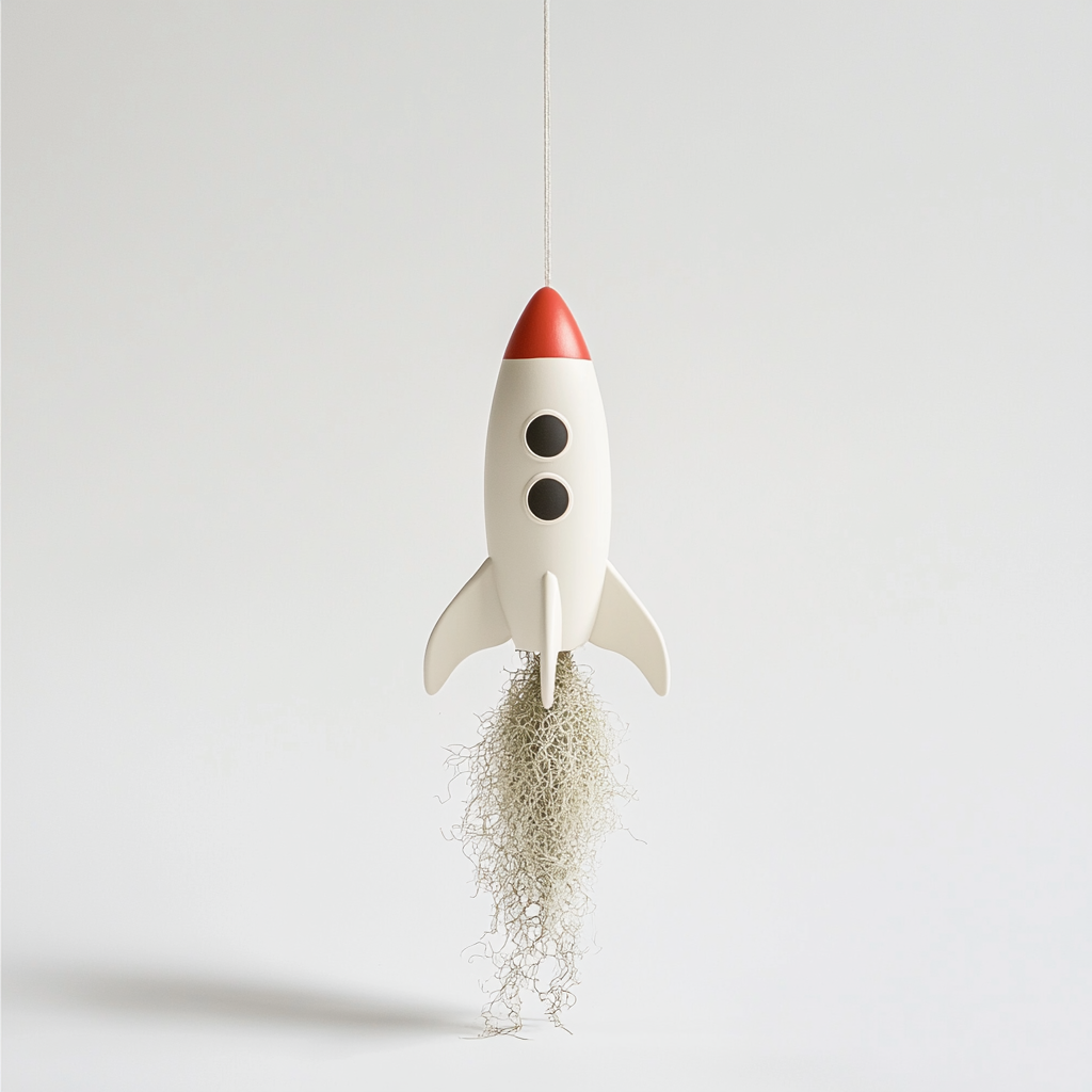 Whimsical white rocket ornament with Spanish moss hanging.