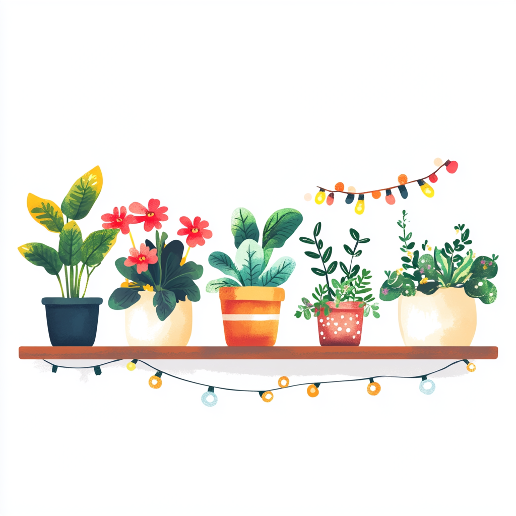 Whimsically illustrated Filipino flowers and houseplants on shelf.