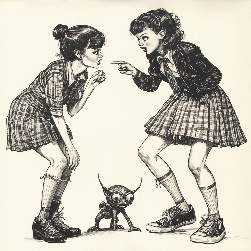 Whispering schoolgirls discover small alien, humorous pen drawing