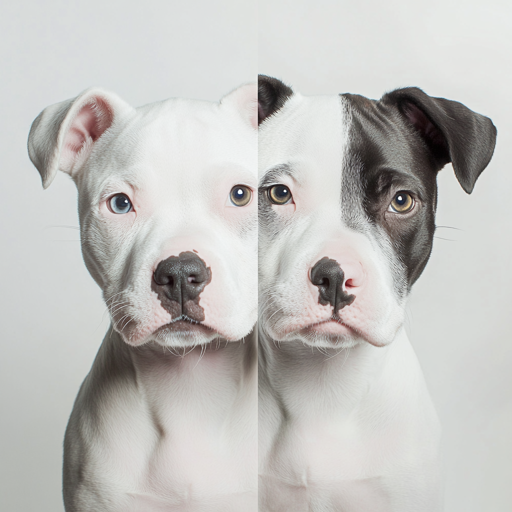 White American Staffordshire puppy with black patch sitting, looking