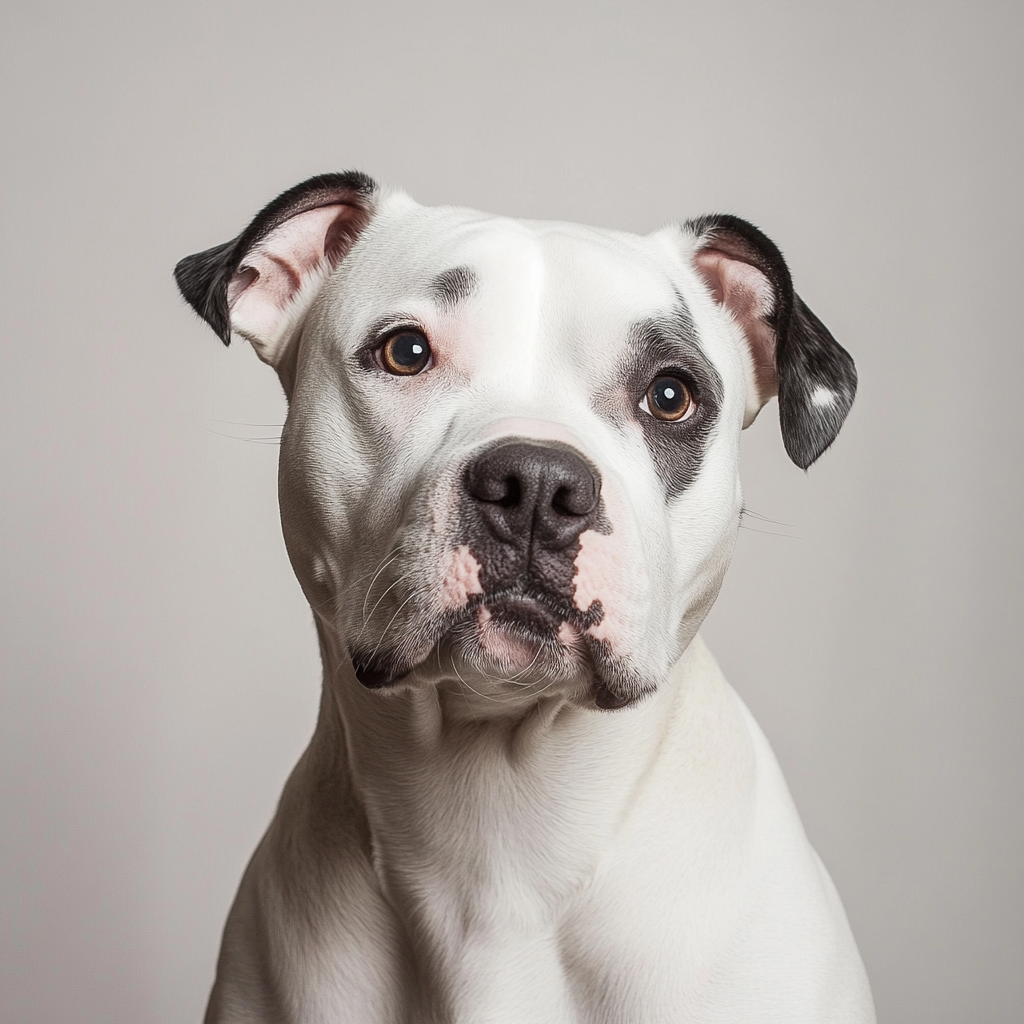 White American Staffordshire with black patch sitting, looking camera.