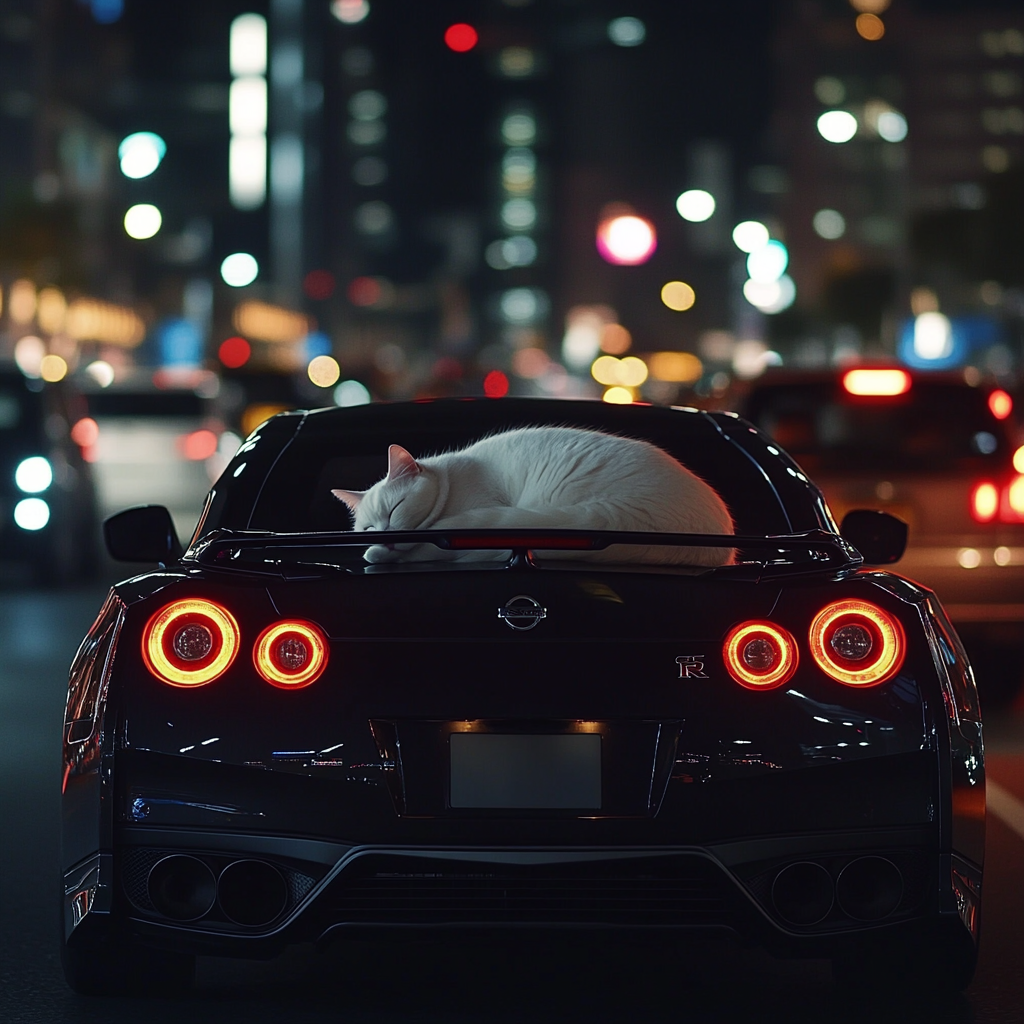 White Cat Sleeps on Black Nissan on Empty Road