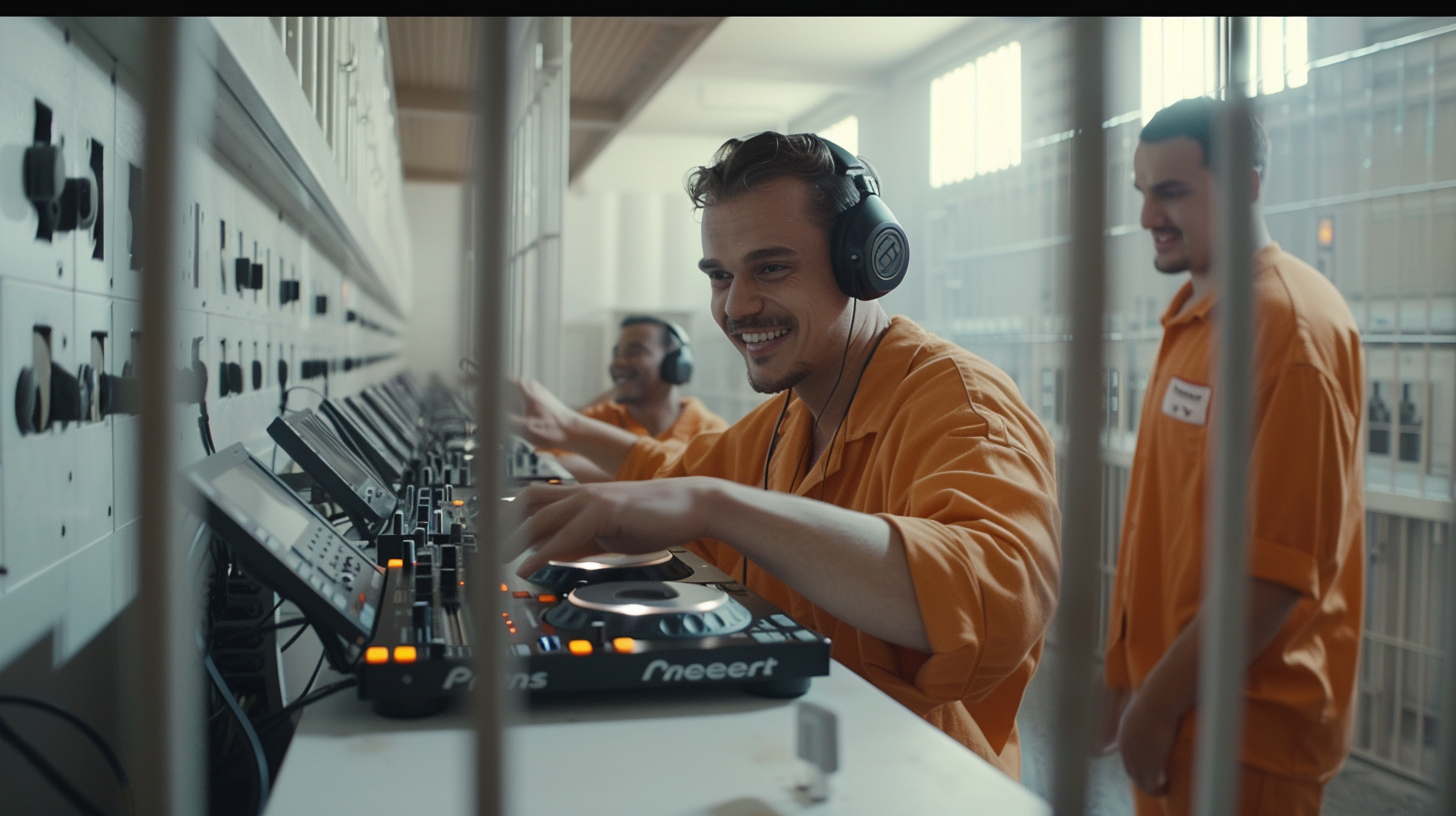 White DJ prisoner smiling using CDJ 2000 decks