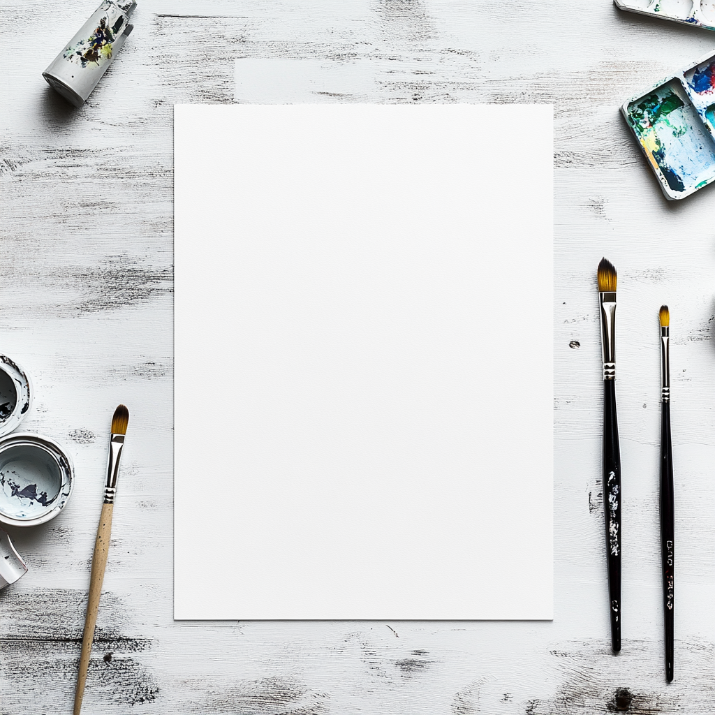 White Desk with Paper and Paintbrushes Mockup